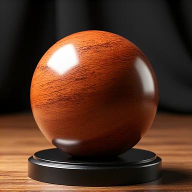 Palla da bowling in legno pregiato su un supporto.